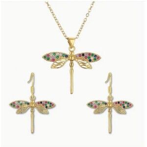 Gold Dragonfly Earrings & Necklace Rhinestones Jewelry Set